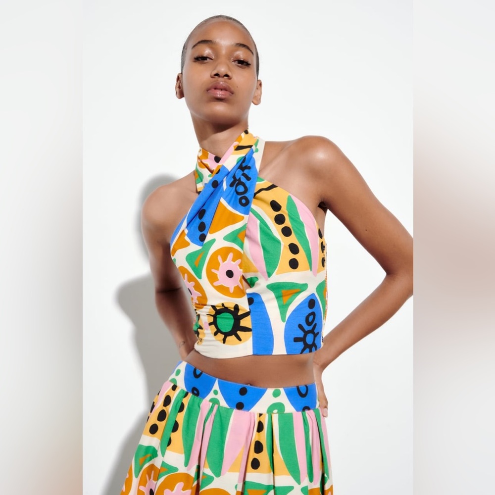 ZARA NWT Women's Printed Blue Yellow Summer Ruched Halter  Crop Top Size Small